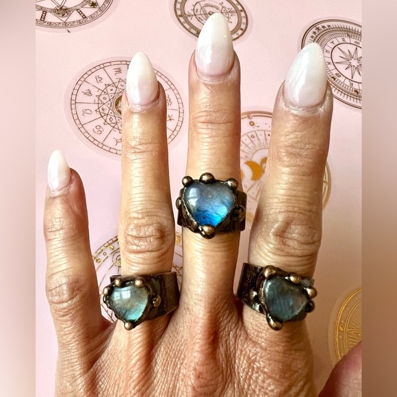 FLASH Labradorite HEART ❤️ Electroplated Ring Adjustable 6 7 8 - Picture 8 of 15